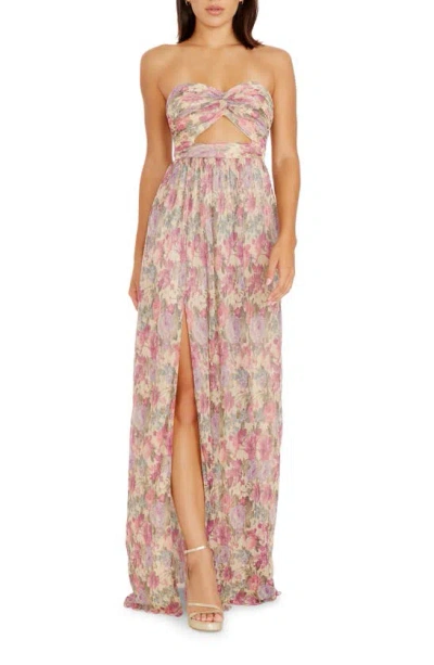 Dress The Population Angelique Floral Cutout Metallic Strapless Maxi Dress In Pink
