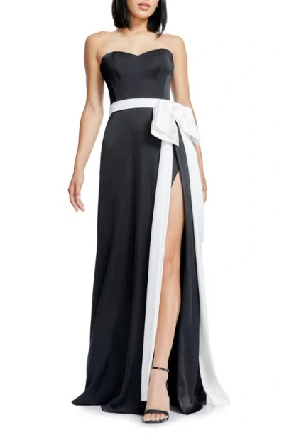Dress The Population Athene Bow Waist Strapless Gown In Black-white