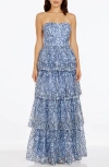 DRESS THE POPULATION AUBRIELLA BEADED FLORAL STRAPLESS TIERED GOWN