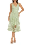 Dress The Population Audrey Fit & Flare Sheer Lace Floral Appliqué Midi Dress In Sage
