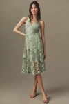 Dress The Population Audrey Fit & Flare Sheer Lace Floral Appliqué Midi Dress In Green