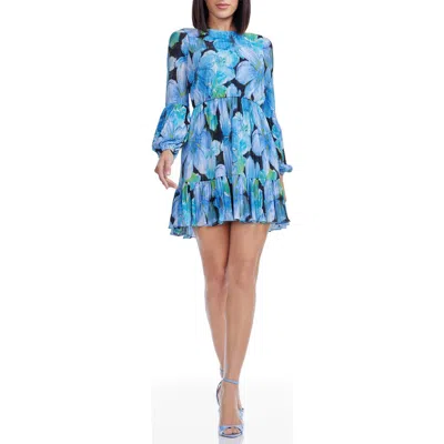 Dress The Population Aulani Floral Long Sleeve Minidress In Blue