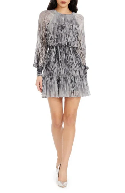 Dress The Population Aulden Metallic Print Abstract Print Long Sleeve Cocktail Minidress In Dove Multi