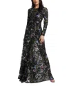 Dress The Population Ava Sequin Floral Long Sleeve A-line Gown In Black Multi
