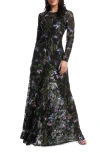 Dress The Population Ava Sequin Floral Long Sleeve A-line Gown In Black Multi