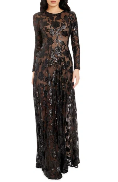 Dress The Population Ava Sequin Floral Long Sleeve A-line Gown In Black-nude