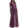 Dress The Population Ava Sequin Floral Long Sleeve A-line Gown In Deep Plum Multi