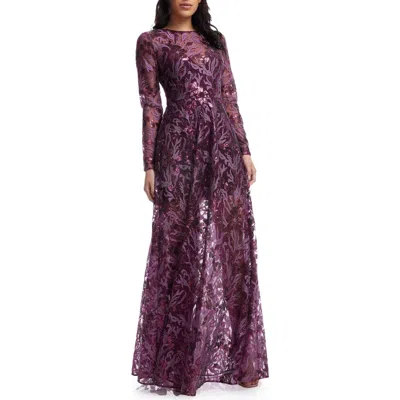 Dress The Population Ava Sequin Floral Long Sleeve A-line Gown In Deep Plum Multi