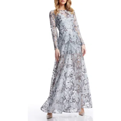 Dress The Population Ava Sequin Floral Long Sleeve A-line Gown In Light Ice Blue