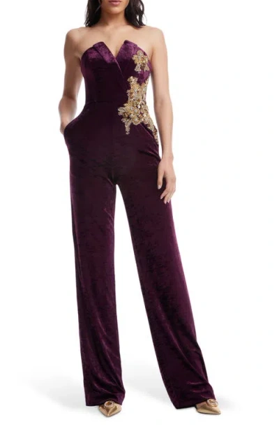 Dress The Population Beck Sequin Strapless Velvet Jumpsuit In Deep Plum