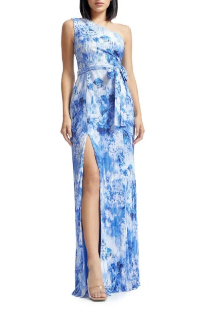 DRESS THE POPULATION DRESS THE POPULATION BELLA FLORAL PLISSÉ ONE-SHOULDER GOWN