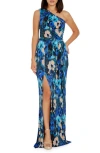 DRESS THE POPULATION BELLA FLORAL PLISSÉ ONE-SHOULDER GOWN