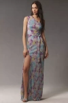 Dress The Population Bella One-shoulder Tie-waist Side-slit Plissé Maxi Dress