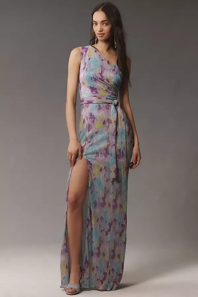 Dress The Population Bella One-shoulder Tie-waist Side-slit Plissé Maxi Dress