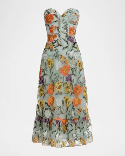 Dress The Population Black Label Carina Floral Embroidered Strapless Bustier Midi Dress In Multi