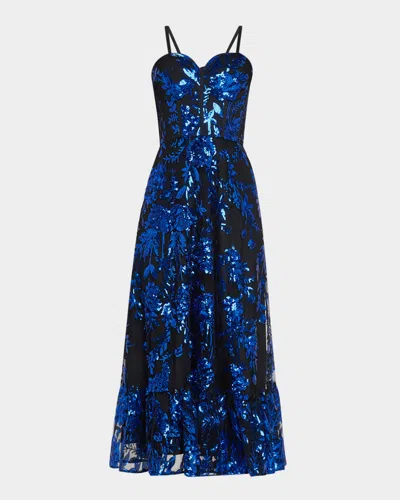 Dress The Population Black Label Carina Floral Sequin Sweetheart Midi Dress In Electric Blue Multi