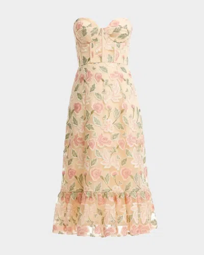 Dress The Population Black Label Carina Strapless Floral Applique Midi Dress In Multi