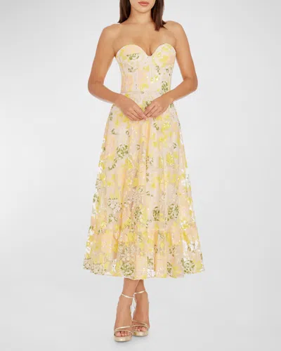 Dress The Population Black Label Carina Strapless Sequin Floral Midi Dress In Canary Multi