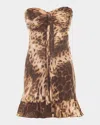 Dress The Population Black Label Ceci Strapless Animal-print Ruffle Mini Dress In Brown