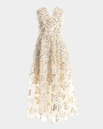 Dress The Population Black Label Christina Strapless Sequin Applique Midi Dress In Champagne Multi
