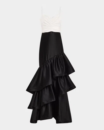 Dress The Population Black Label Clarice Two-tone Ruffle Tiered Gown In Off White-black