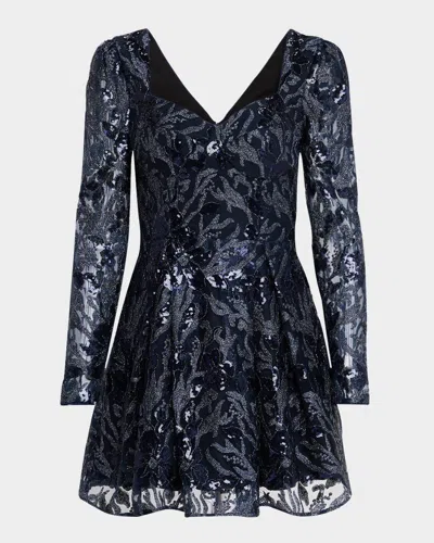 Dress The Population Black Label Dora Pleated Sequin Floral Applique Mini Dress In Navy Multi