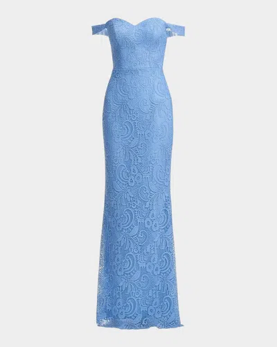 Dress The Population Black Label Dorothy Lace Off-the-shoulder Column Gown In Blue