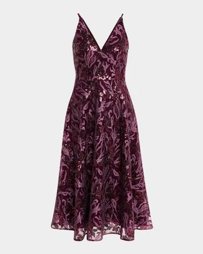 Dress The Population Black Label Elisa Sequin Floral Applique Midi Dress In Deep Plum Multi