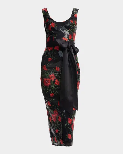 Dress The Population Black Label Francine Floral-embroidered Sequin Midi Dress In Rouge Multi
