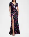 Dress The Population Black Label Karla Floral Sequined Short-sleeve Gown In Black Multi