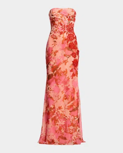 Dress The Population Black Label Kinley Strapless Floral-print Chiffon Gown In Orange