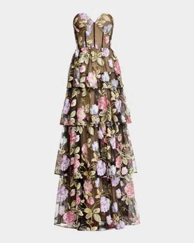 Dress The Population Black Label Layana Strapless Tiered Floral Sequin Gown In Multi