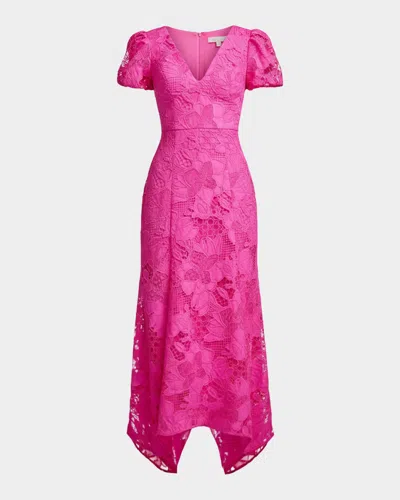 Dress The Population Black Label Lilith Puff-sleeve Handkerchief Lace Maxi Dress In Pink