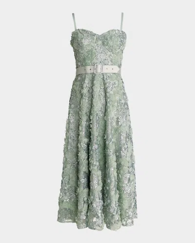 Dress The Population Black Label Mabel Beaded Floral Applique Midi Dress In Sage Multi