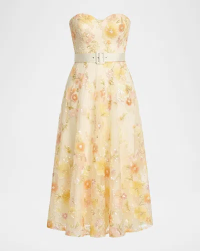 Dress The Population Black Label Mabel Strapless Beaded Tulle Midi Dress In Yellow