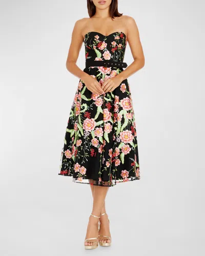 Dress The Population Black Label Mabel Strapless Floral-embroidered Midi Dress In Bright Rose Multi