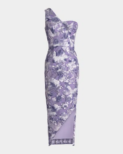 Dress The Population Black Label Magnolia One-shoulder Bead & Sequin Midi Dress In Lilac Multi