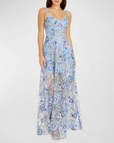 Dress The Population Black Label Nina Sleeveless Sequin Floral A-line Gown In Sky Multi