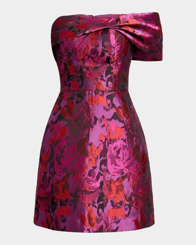 Dress The Population Black Label Olive Rose Jacquard Off-the-shoulder Mini Dress In Bright Fuschia Multi