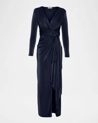 Dress The Population Black Label Shania Tie-waist Shimmer Column Gown In Blue
