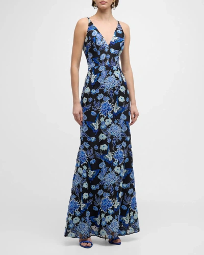 Dress The Population Black Label Sharon Sleeveless Floral-embroidered Gown In Cobalt Multi