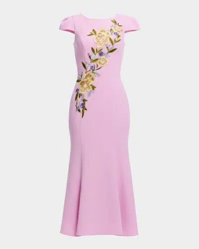 Dress The Population Black Label Sheryl Floral Applique Crepe Midi Dress In Pink