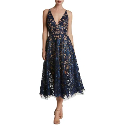 Dress The Population Blair Womens Lace Sequined Midi Dress In Blue