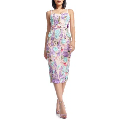 Dress The Population Blakely Floral Embroidered Body-con Cocktail Midi Dress In Blush Multi