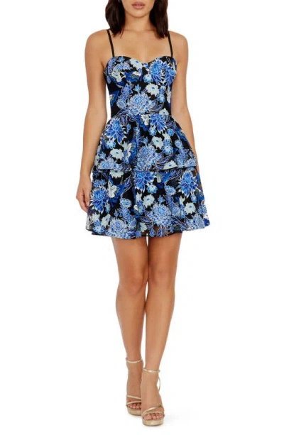 Dress The Population Braelyn Floral Embroidered Tiered Cocktail Minidress In Blue