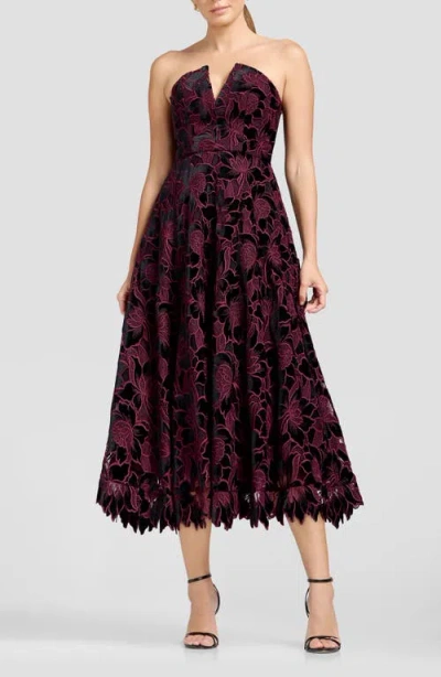 Dress The Population Briella Strapless Velvet Lace Fit-and-flare Dress In Burgundy