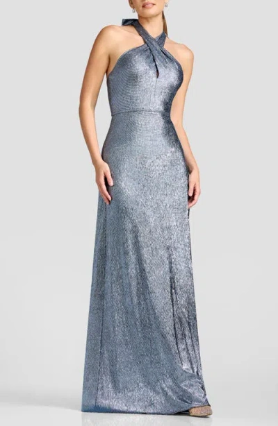 Dress The Population Brighton Cross-front Halter Metallic Gown In Blue