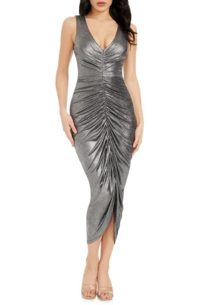 Dress The Population Britt Metallic Center Ruched Sheath Gown In Gunmetal