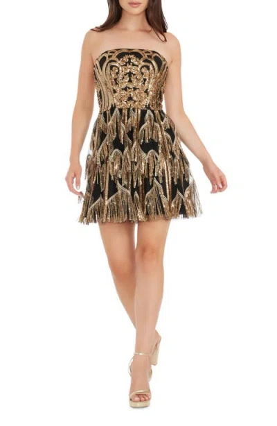 Dress The Population Callie Sequin Fringe Strapless Minidress In Gold