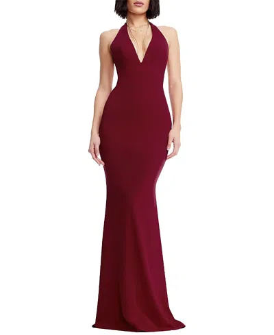Dress The Population Camden Halter Plunge V-neck Mermaid Gown In Garnet